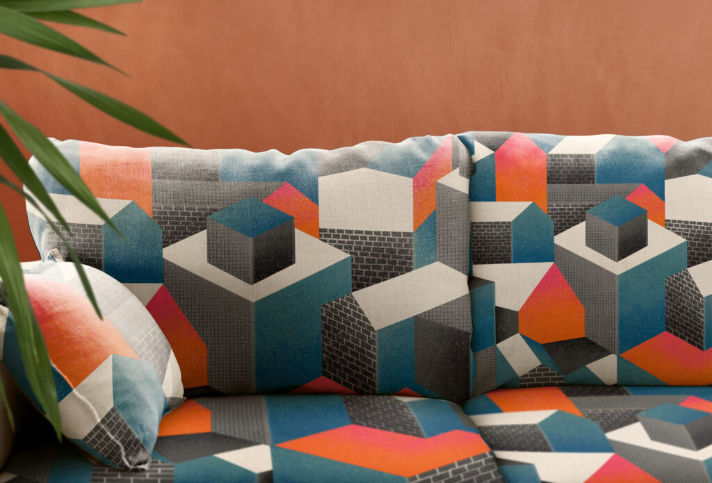 Living room sofa cushion, colorful interior design, showcasing interior design in Delhi with stylish sofa cover and cushion.
